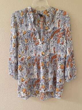 Tolani Floral Printed Pintuck 100% Silk Blouse - Size Medium
